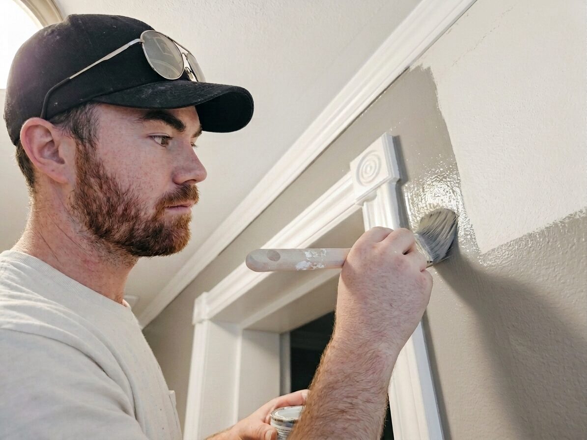 ProCoat painter hand-cutting clean trim lines on a doorframe — Nelson, BC